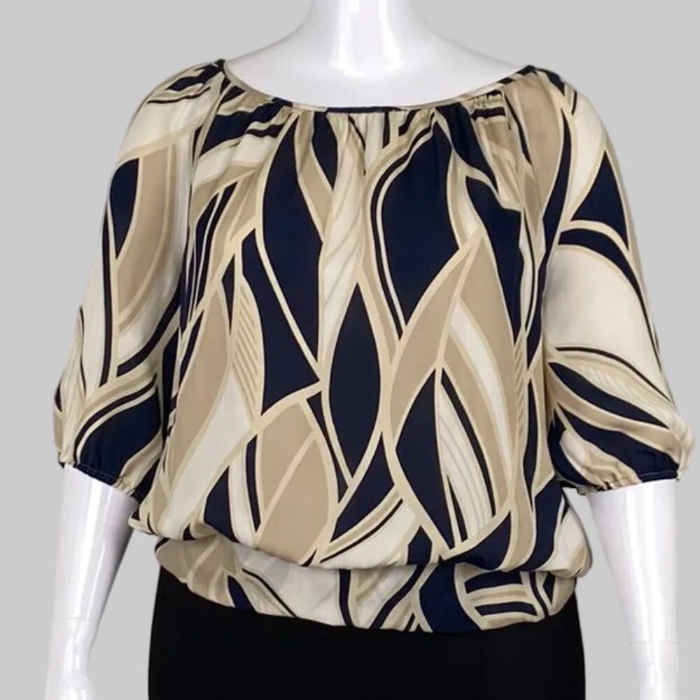Anne Klein 100% Silk Navy/Taupe Blouse - Size Petite L
